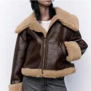 Zara Aviator Double Faced Short Jacket Faux Shearling Leather Brown Crop Coat S